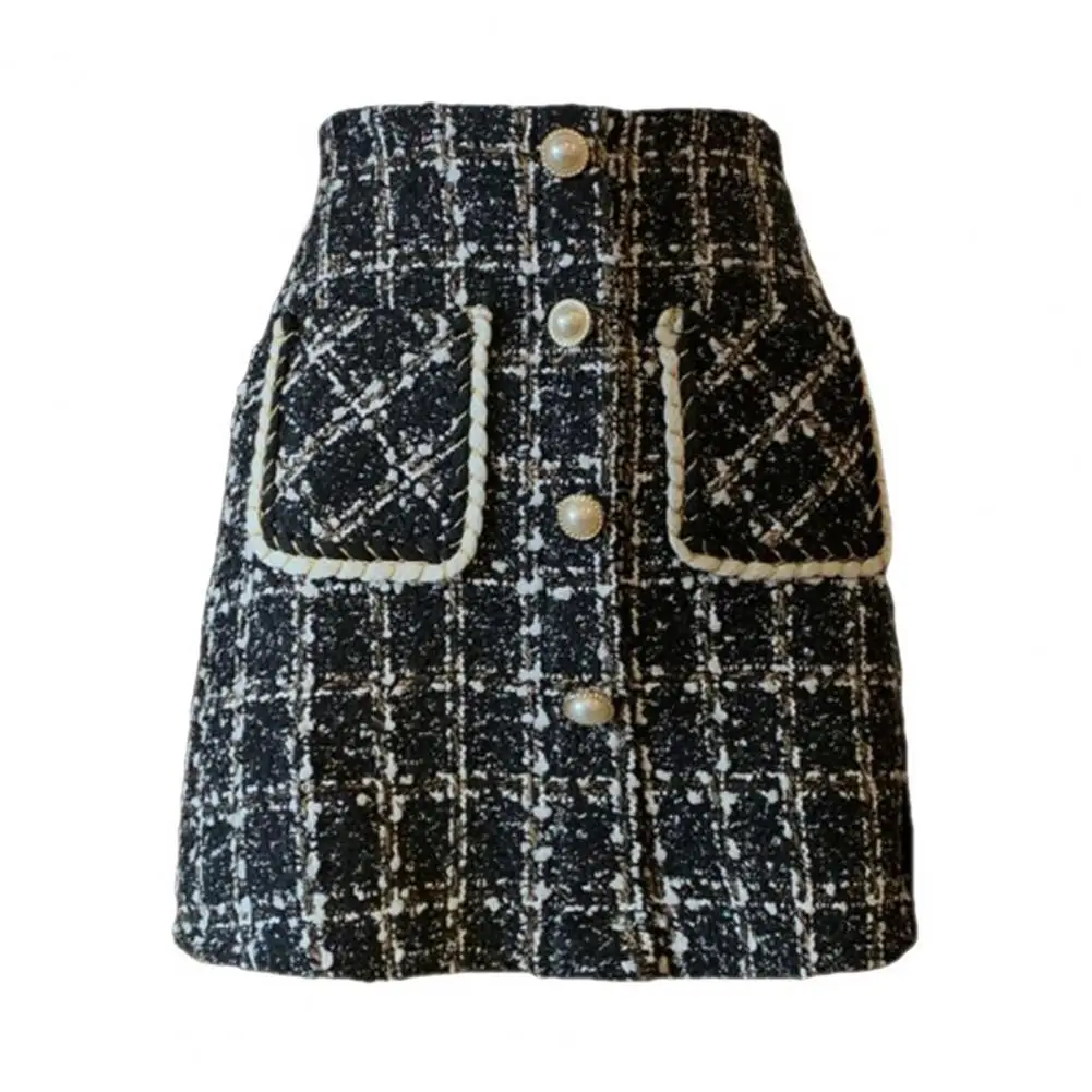 

Women Autumn Winter Mini Skirt High Waist Plaid Print A-Line Skirt Pockets Faux Pearls Buttons Decor Woolen Short Skirt