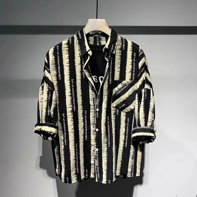 

Men Trendy Vintage Letter Striped Print Streetwear Y2K Oversize Shirts Summer Casual Lapel Short Sleeve Pocket Tops Ropa Hombre