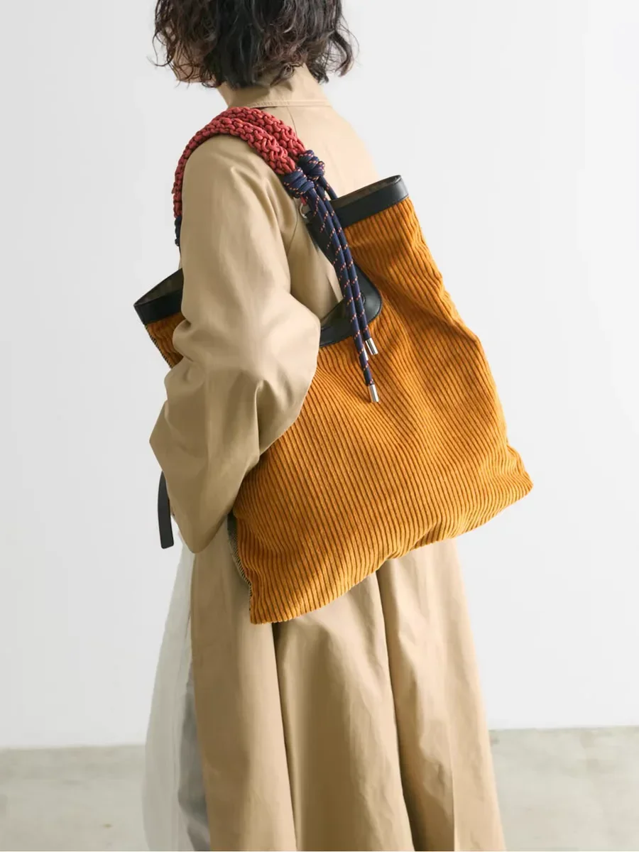 Women Bags Corduroy Fashion Vintage High-Capacity Tote Bags Weaving Handle Office Lady Girls Bag