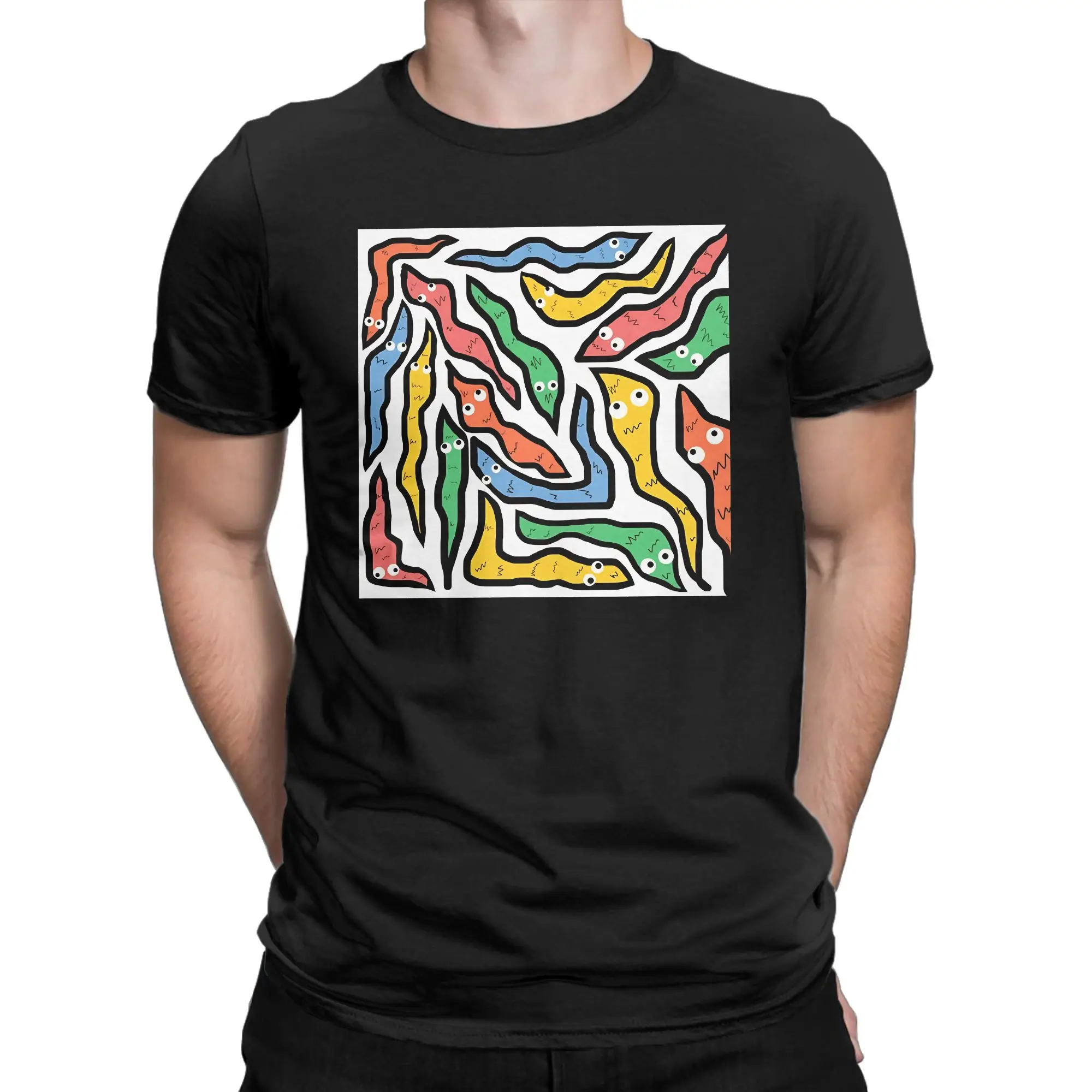 Colorful Looping Worm Classic Worm on a string Funny 100% Cotton T-Shirt Tees Tops For Men