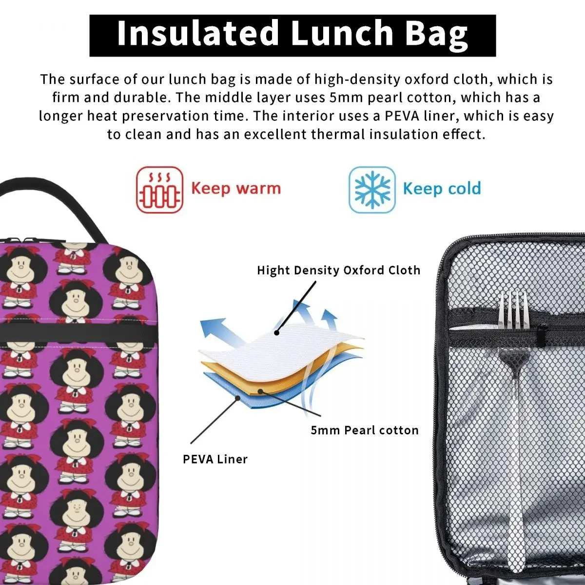 Happy Mafalda Insulated Lunch Bags Leakproof Kawaii Cartoon Lunch Container Cooler Bag Tote Lunch Box School Travel Food Bag