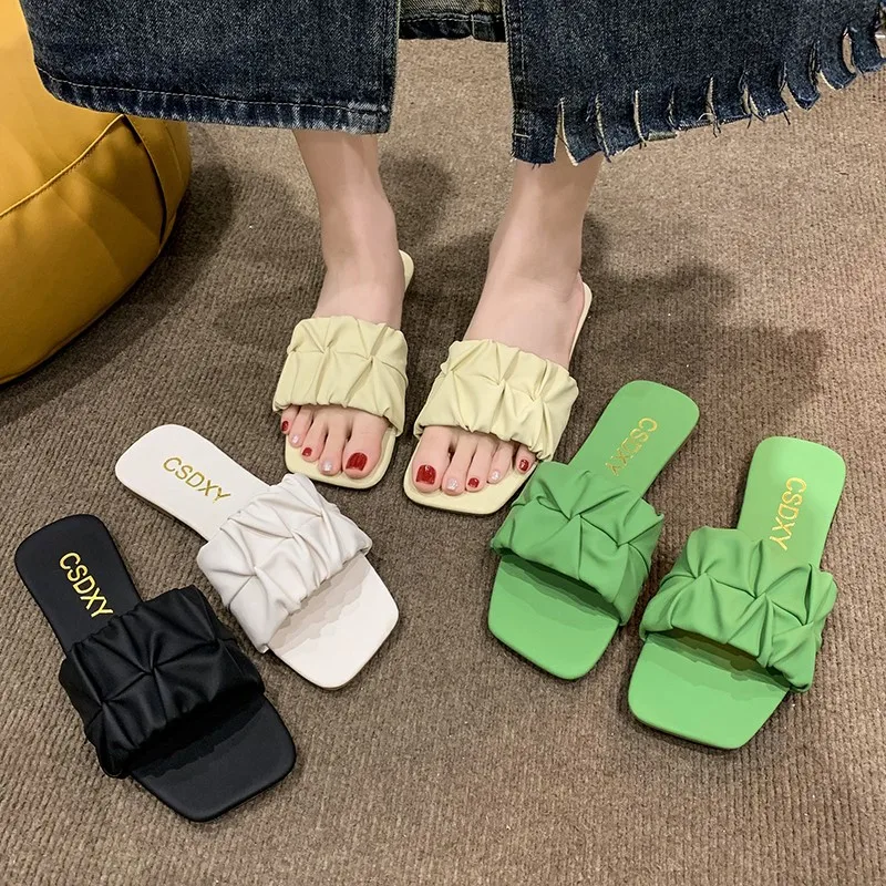 Summer Slippers For Women Flats 2024 New Pleated Korean Slippers Women Sandals Green Slip On Shoes Big Size 35-42