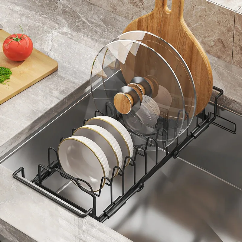 Over-the-Sink Dish Drying Rack Extendable Metal Kitchen Storage Shelf for Plates Bowls Cutting Board and Cleaning Tools