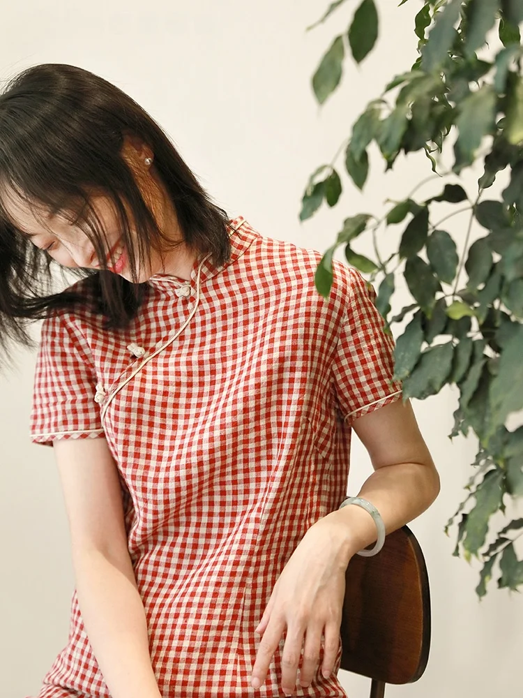 

Новое женское платье в китайском стиле с коротким рукавом, в клетку, изо льна, в стиле ретро, с пуговицами, для повседневной носки, с низким разрезом, для женщин 25-35 лет