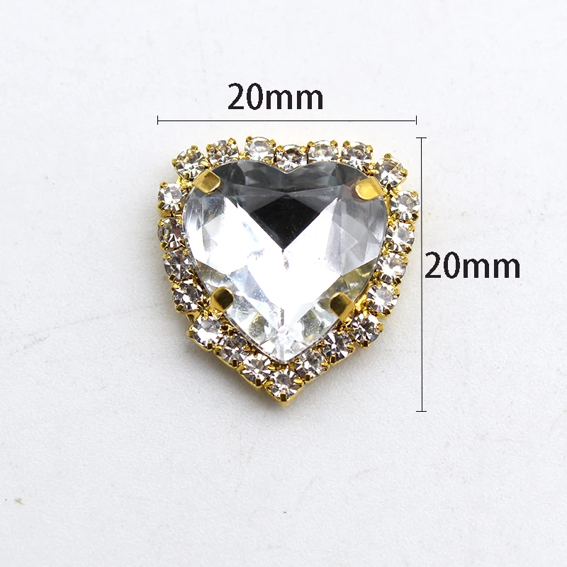 20mm 10pcs Gold Flat Bottom Heart Rhinestone Ornament for Wedding Headwear Jewelry Clothing Sewing Decoration