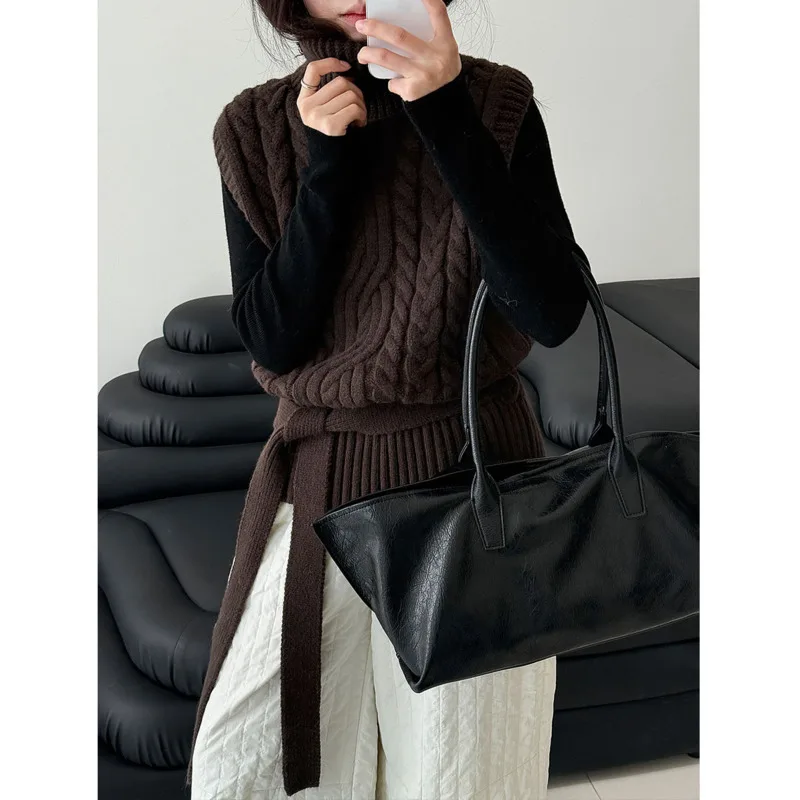 EAEOVNI بلا أكمام بلوفر مغزول سترة للنساء الياقة المدورة بلون حزام تجمع الخصر القمم ملابس الشتاء غير رسمية الجديدة #5