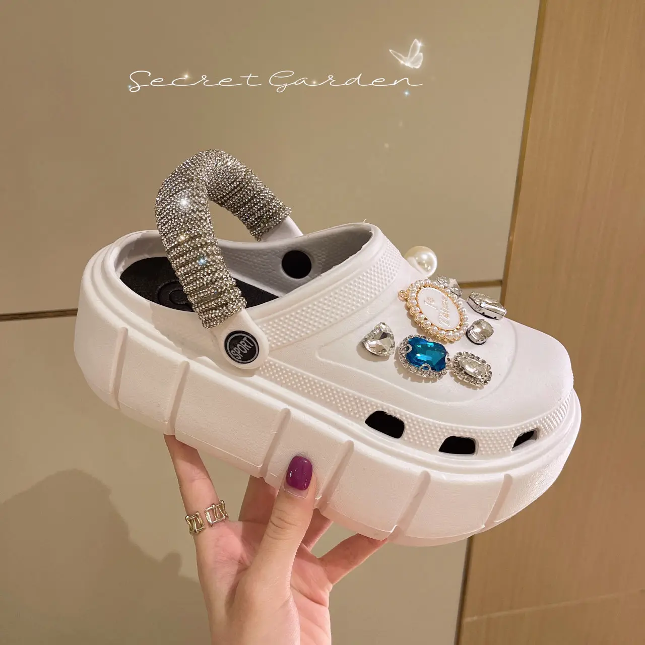 Bling Rhinestone DIY Decor Vented Clogs Women Fashion Slides Platfrom Outdoor Beach Sandals Summer Girls Street Slippers