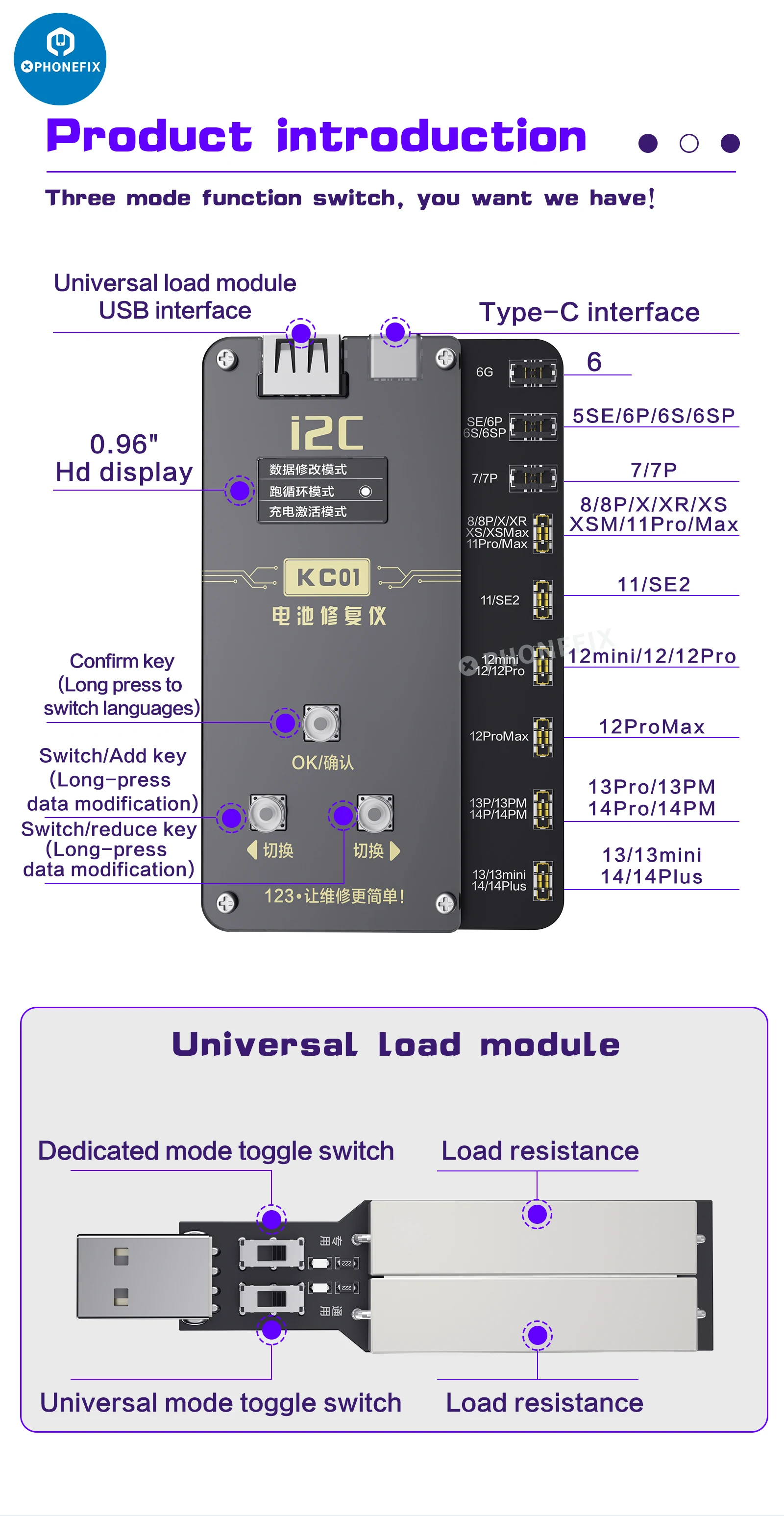 Instrumento de reparo da bateria i2c kc01 para iphone 6-14 pro max bateria leitura de dados de gravação revisão ciclo modificação da bateria saúde