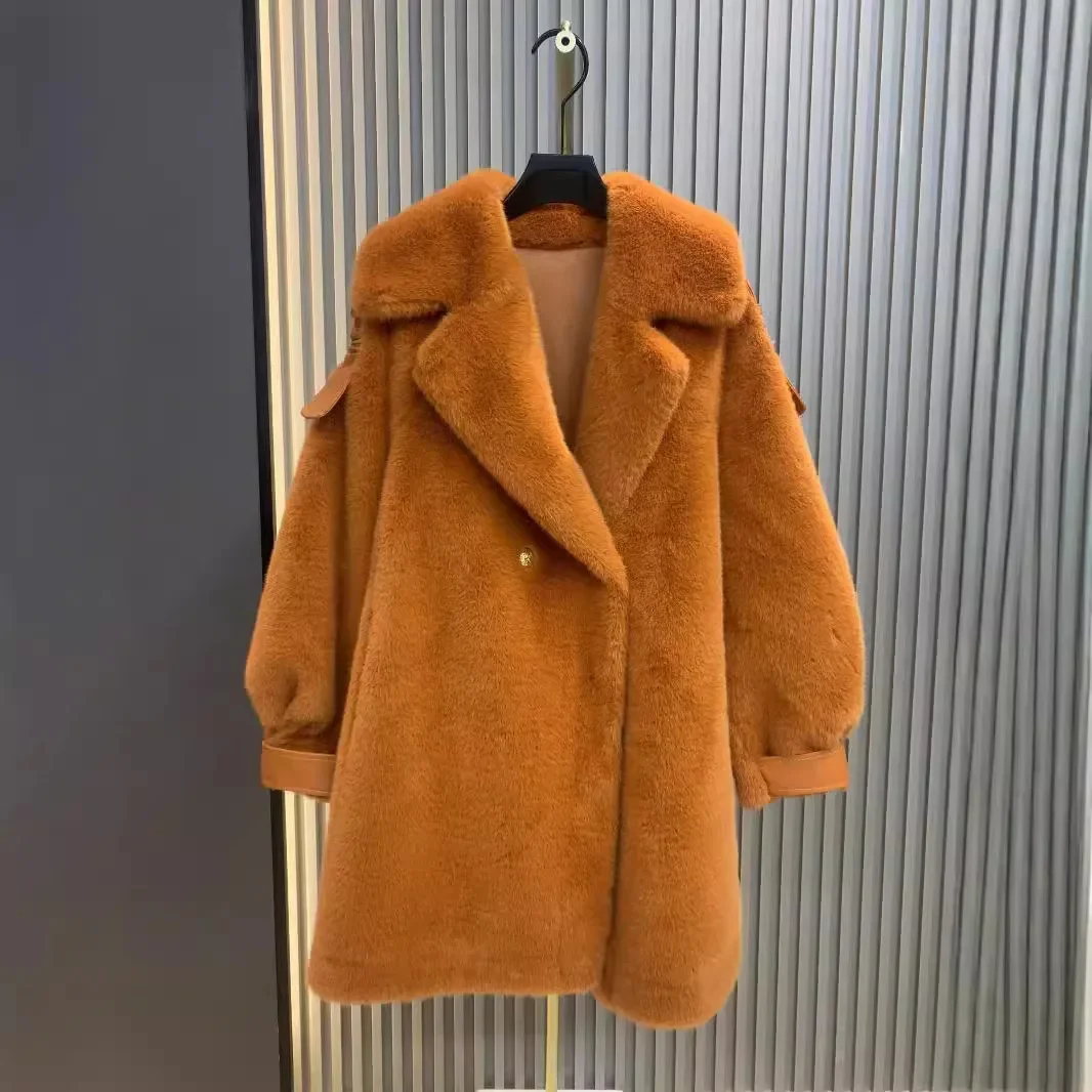 High-end Simple Style Faux Fur Coats Office Lady 2024 New Versatile Suit Large Lapel Furry Trench Coat Winter Jacket Women