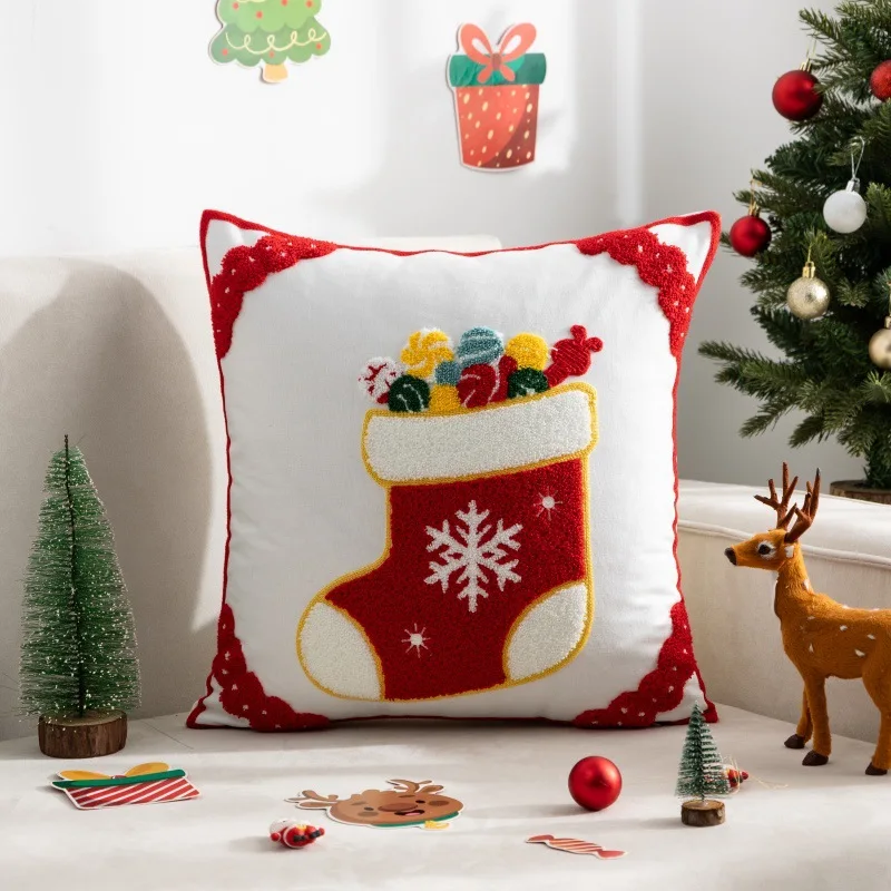 Housse de coussin décorative, serviette brodée, taie d'oreiller, père noël, flocon de neige, joyeux noël, salon, canapé