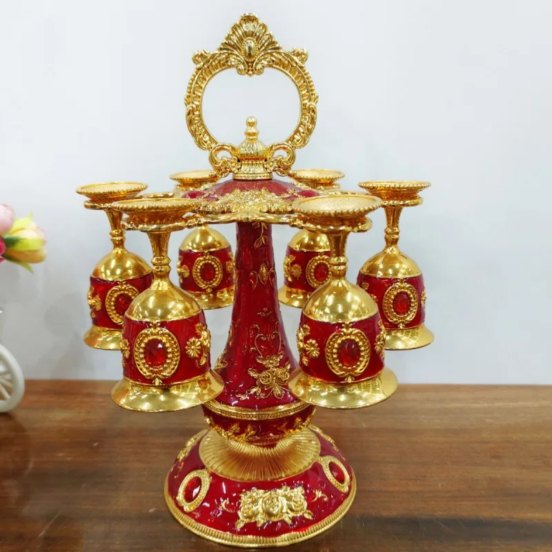 

Европейский держатель для бокалов, винный набор, бытовая чашка Baijiu в стиле ретро с эмалью, один подстаканник, шесть чашек, винный набор