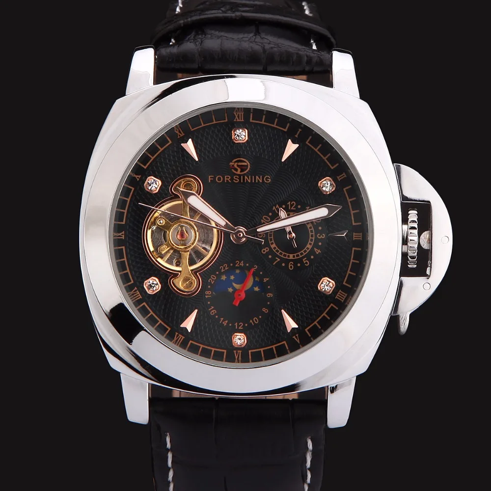 FORSINING Fashion Brand Men\'S Casual Watches Men Leather Band Hand Wind Skeleton Mechanical Wirst Watches Relogio Masculino