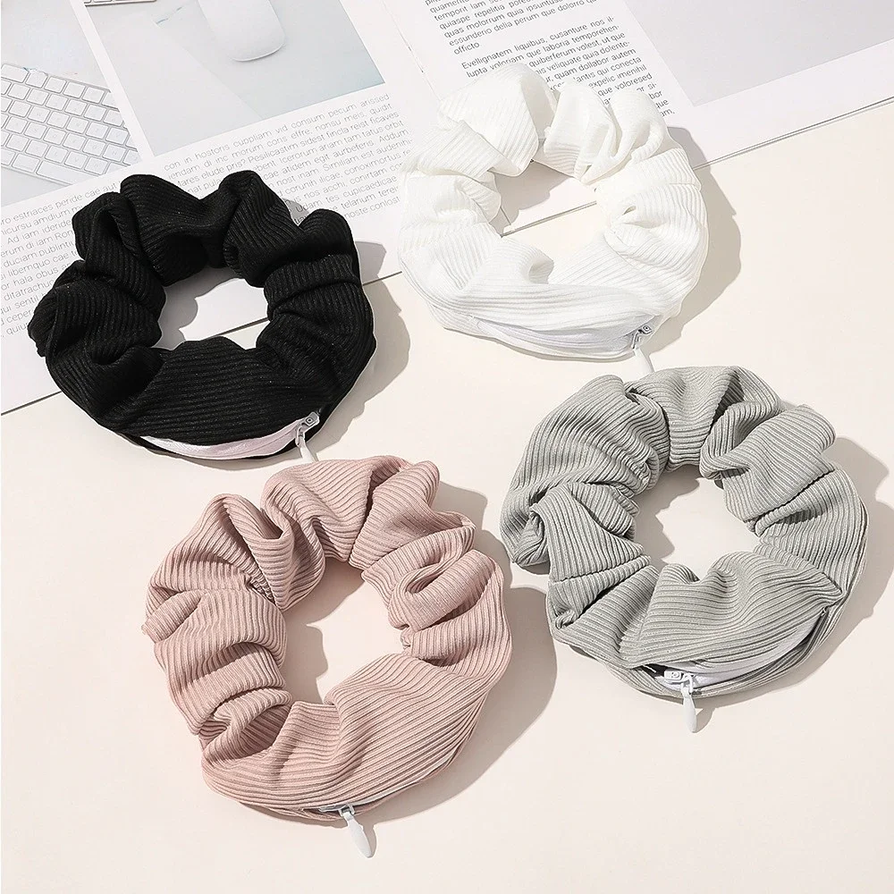 Fashion Striped Zipper Scrunchie Elastic Hair Bands With Zip Small Wallet Headwear Ponytail Hair Ties Women Hair Accessories