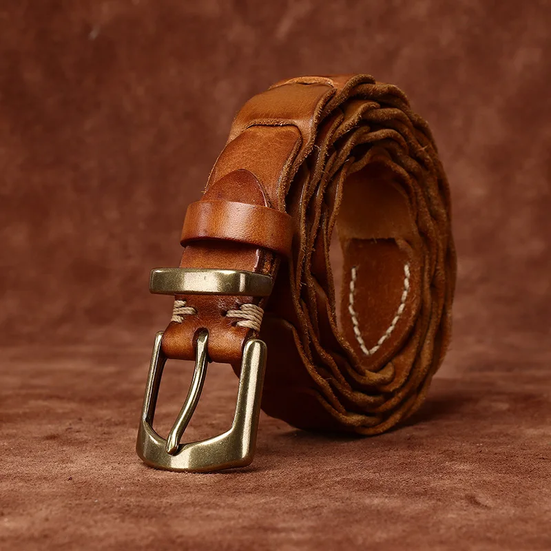 

3.0 Cm Pure Cowhide Genuine Leather for Men Women High Quality Jeans Pin Buckle Knit Couple Belts Cowboy Ladies Fashion Designer