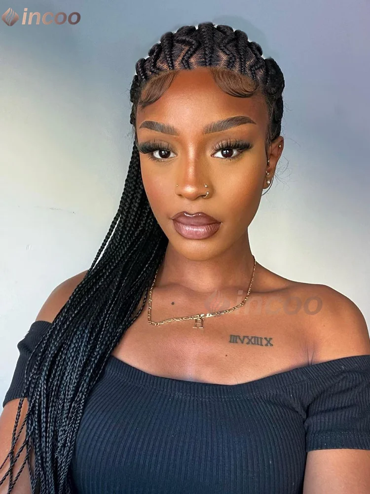 

36 Inch Full Lace Tribal Box Braided Wigs Synthetic Knotless Braids Lace Wigs With Baby Hair For Black Women