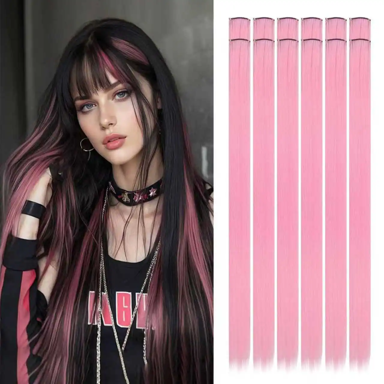 22-Zoll-Haarverlängerungen, glattes Haarteil, bunte Haarverlängerungen, Party-Highlights, Clip-in-lange synthetische Haarverlängerungen – Detail 7