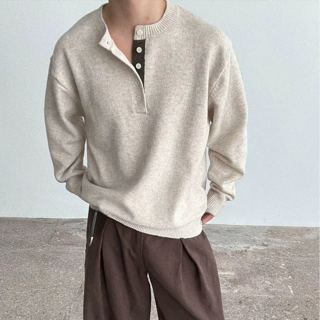 

Свободный повседневный свитер-хенли для пар, мужская осенне-зимняя вязаная футболка с длинным рукавом, удобная, дышащая, модная