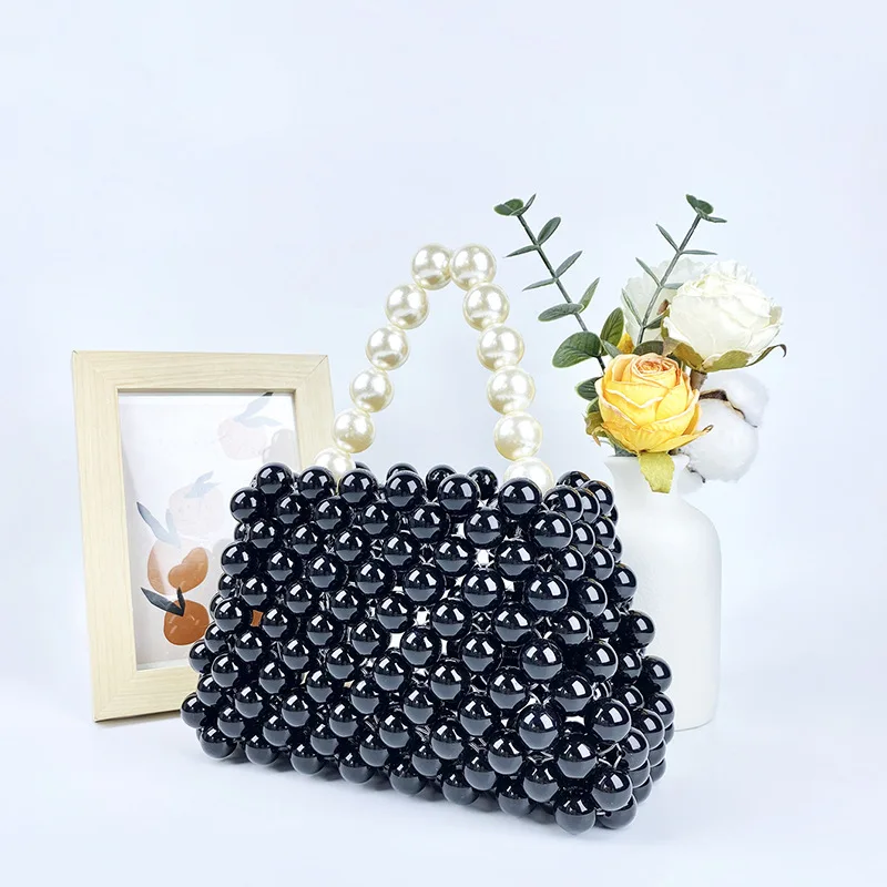 

Vintage Small Black Pearl Beaded Handbag for Women Luxury Design Hand-woven Hollowed Out Evening Party Clutch Bag Bolsa Feminina