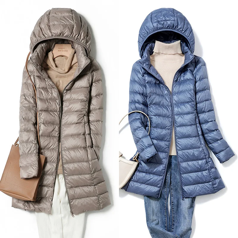 Light Down Jacket Women's Medium and Long 2026 Winter New Unloading Cap Slim Hooded Large Size White Duck Down Jacket