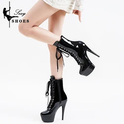 15CM/6Inch Pole Dance Boots Round Toe Heels Stripper Platform Women Ankle Boots Lace-up Zip Roman Fashion Lady Knight Boots