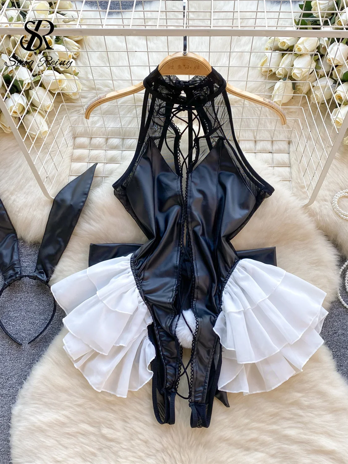 

SINGREINY Cosplau Erotic Playsuits PU Leather Halter Splice Lace Up Mesh Halter Rabbit Girl Lingerie Hollow Out Sexy Bodysuits