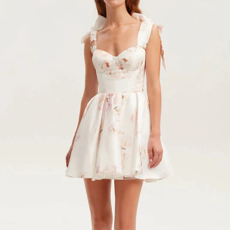

Lady Backless Suspender Dress Fashion Floral Print High Waist Holiday Dress 2025 Summer New Sexy Off Shoulder Pleats Short Dress