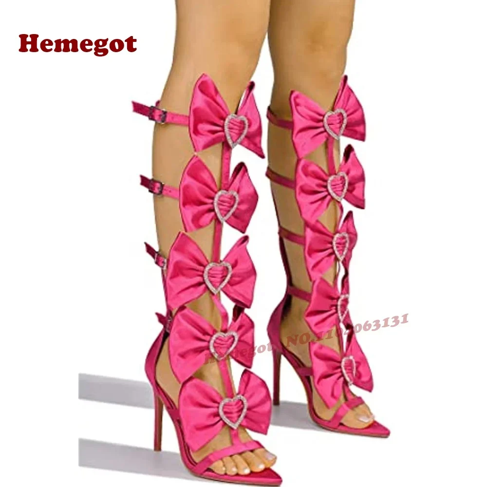 Rhinestones Pointy Toe Sexy High Heels Women's Summer Bowknot Heart Shaped Crystals Sandals Boots Black Buckled Cut Out Shoes
