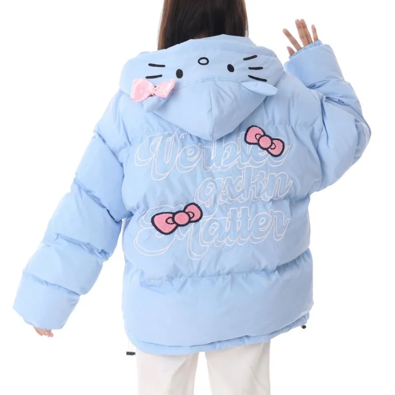 2024 New Hello Kitty Hooded Padded Down Coat Clothes for Women Cute Sweet Winter Warm Loose Zipper Parkas Jackets