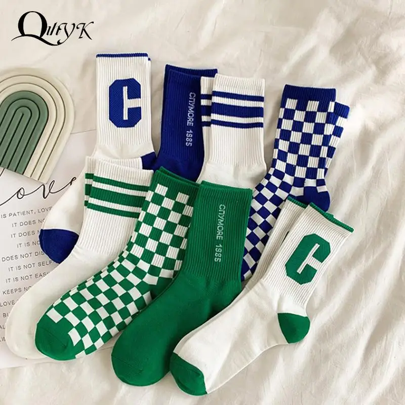 Fashion Green Plaid Socks Woman Ins Korean Style Letter Cute Socks Spring Summer Cotton White Long Socks Harajuku Calceines