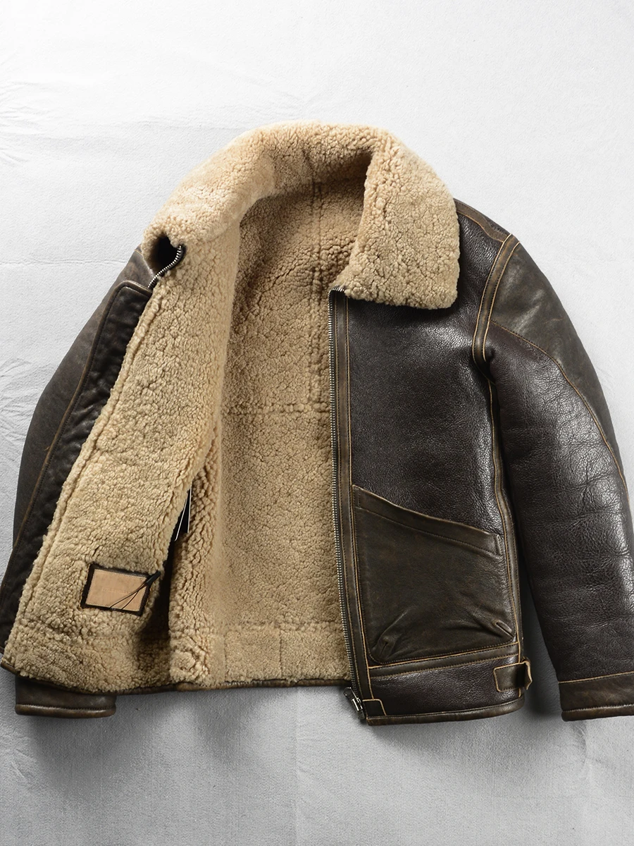 Dark Brown Winter Shearling Jacket Men Retro Military Style Plus Size 6XL Natural Thick Sheepskin Spliced Genuine Leather Coat