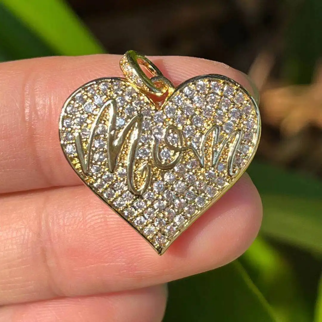 

5 Pcs Cubic Zirconia Paved Mom Heart Charms Mother's Day Pendant For Woman Necklace Bracelets Making Jewelry and Accessories