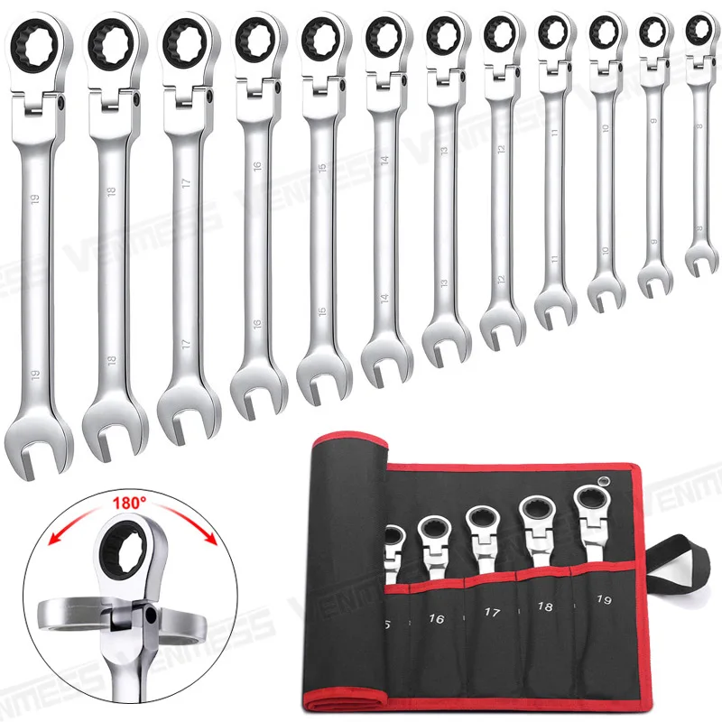 

180° Flex-Head Ratcheting Wrench Set, Metric Standard Wrench Set Chrome Vanadium Steel Gear Wrench with Organizer Pouch