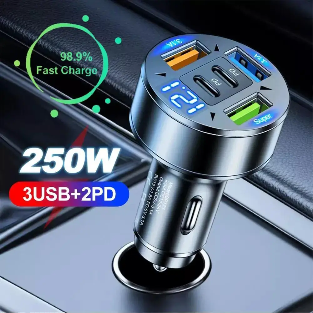 250W Multiple Ports Super Fast Charging Car Charger Digital Display PD QC3.0 3A 2C Car Charger For IPhone 