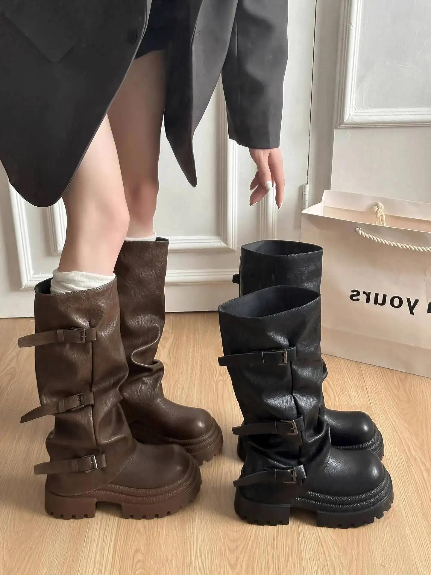 

Women Calf Boots 2026 Spring New Maillard Women's Knee High Knight Boots Short Stature Friendly Belt Buckle Slim Fit Boots