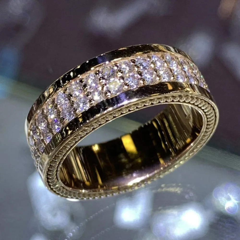 Retro Gorgeous Gold Color Full Inlaid 5A Zircon Wide Band Rings for Women Men Exquisite Business Activities Jewelry Accessories