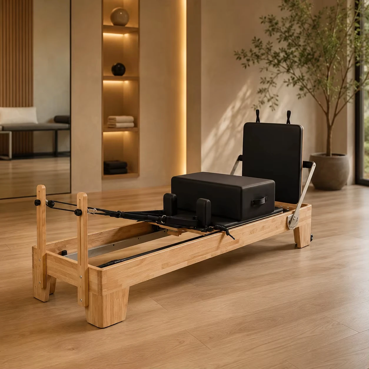 Hardwood Frame Pilates Reformer, Silent Rollers & Black Cushion, for Pilates Center Low-Impact Training