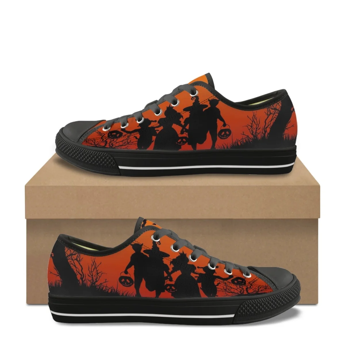 Women Casual Flats Autumn Comfort Outdoor Sneakers Halloween Witch Pattern Classic Lace Up Low Top Canvas Shoes for School Girls