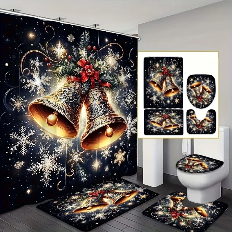 

4 шт. креативный рождественский набор для ванной со снежинками, современный занавес и коврик для ванной, U-образный коврик для унитаза, чехол на сиденье унитаза, 12 крючков