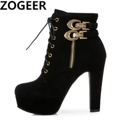 Fashion Women's Ankle Boots High Heeled Platform Short Boot Female Buckle Flock Zipper Gray Ladies Party Shoes Large Size 50
