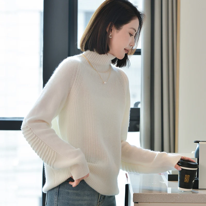 Jesień/zima nowy 100% czysty wełniany sweter damski Casual dzianinowe topy damskie z golfem pogrubiony sweter luźna odzież kaszmirowa