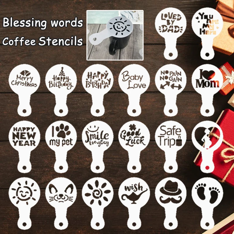 20Pcs/Set English Blessing Words Coffee Milk Mold Merry Christmas Happy Birthday Cake Stencils Print Template Sugar Powder Sieve