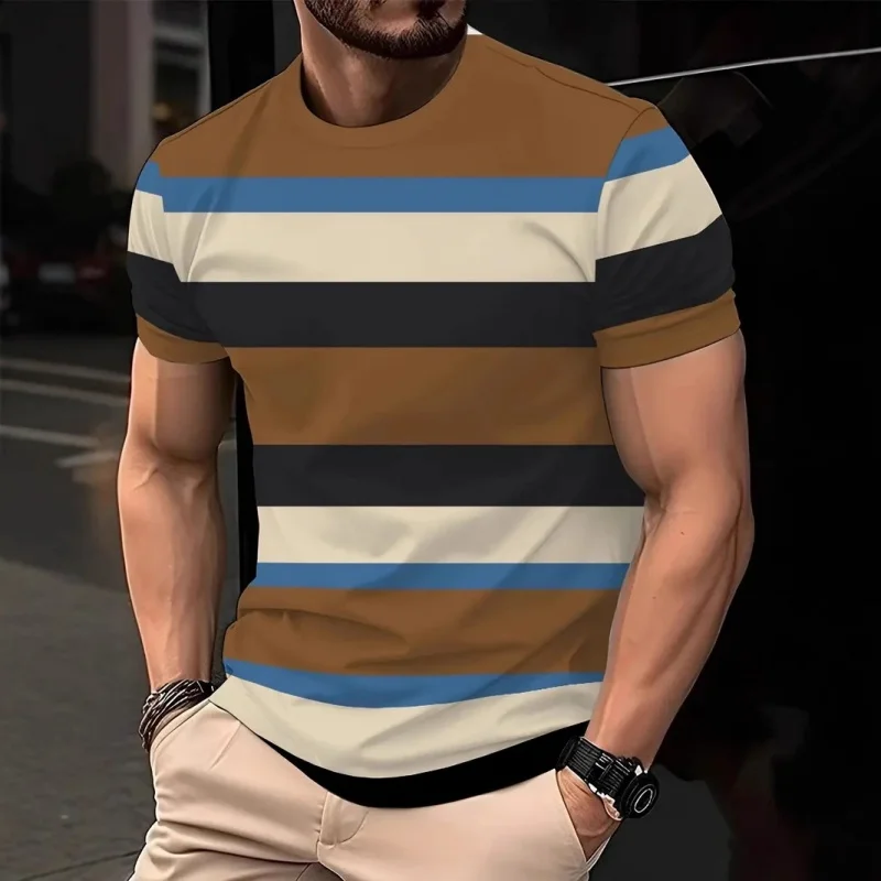 

Colorful Stripes Pattern T-Shirt For Men Fashion Color Block 3D Printed T Shirts Summer Breathable O-Neck Tops Short Sleeve Tees