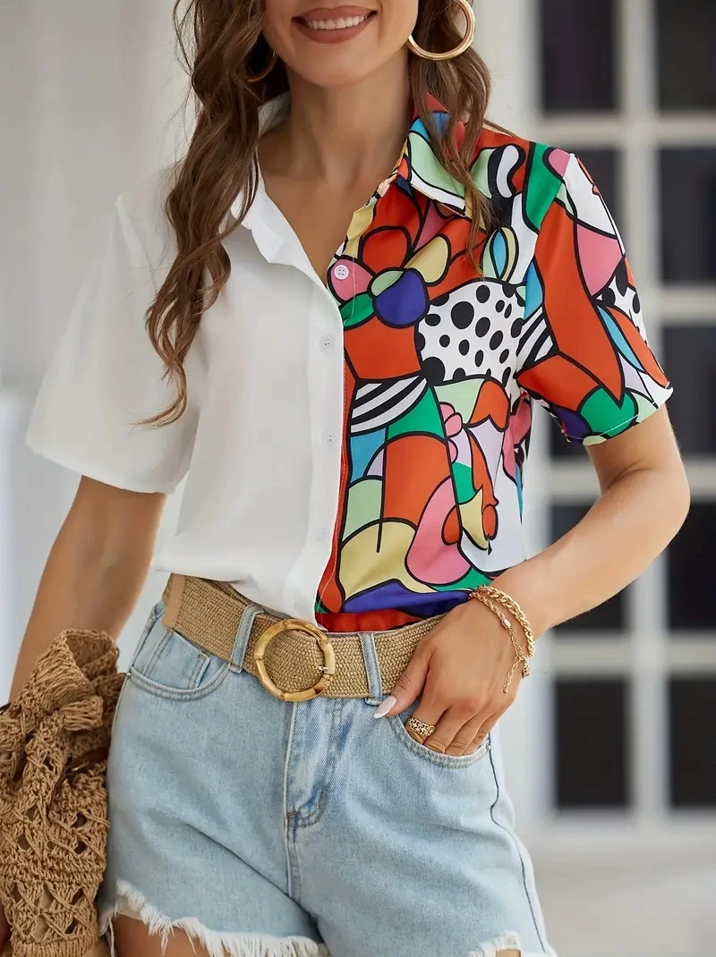 Fashion Women\'s Shirts & Blouses,Abstract Geometry Print Patchwork Button Shirt,2024 Spring & Summer Female Clothing Blouse Tops