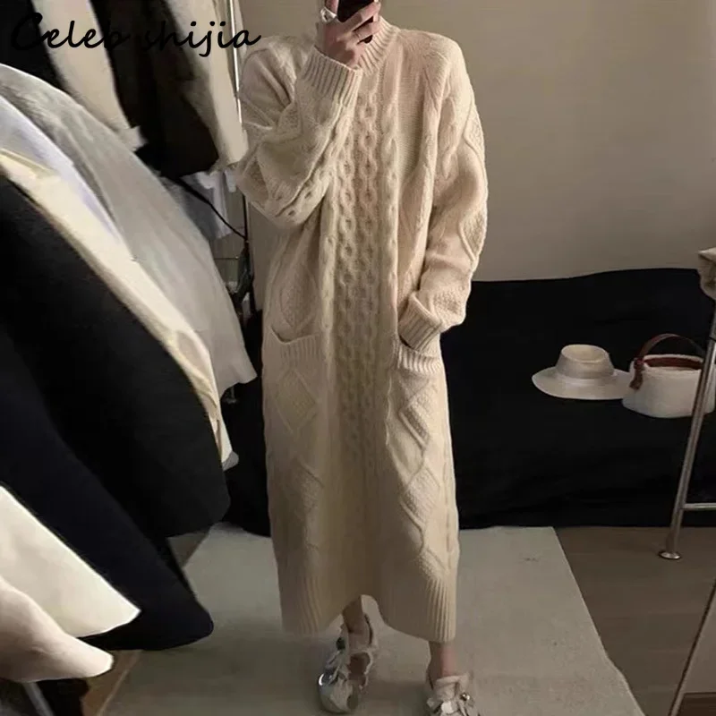 Apricot Long Knitted Dress Women Autumn Winter Thicken Twist Sweater Dresses Female Full-sleeve Streetwear Knit Clothing