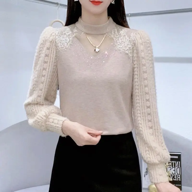 Women\'s Solid Color Half High Collar Diamonds Patchwork Thick Flattering Lace Bottom Autumn Winter New Fashion Long Sleeve Tops