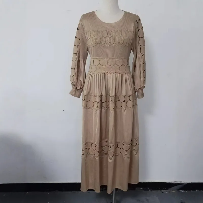 ミヤケプリーツプラスサイズドレス2025ファッションホローレースルーズ気質エレガントレディース秋新作ロングスカート婦人服