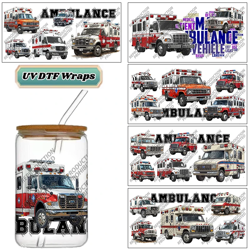 Ambulance Cartoon pattern UV DTF Cup Wrap For 16oz Libbey Beer Glass Can Cup Wrap DIY Sticker Selfadhesive Washable DIY
