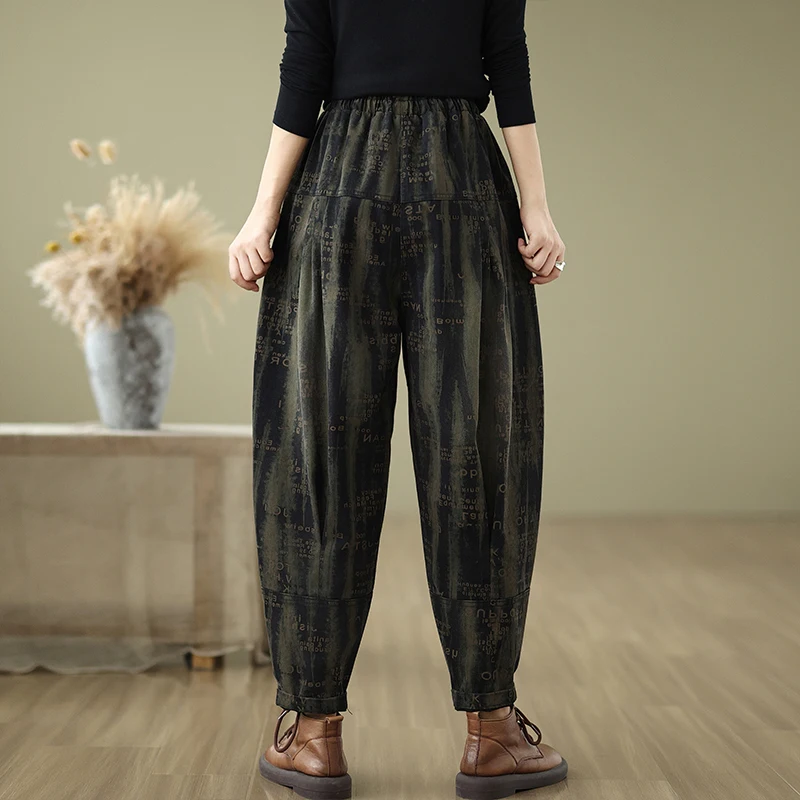 Retro Taille Denim Jeans Herbst Winter Große Größe frauen Elastische Taille Casual Harlan Hosen Karotte Hosen Brief Drucken