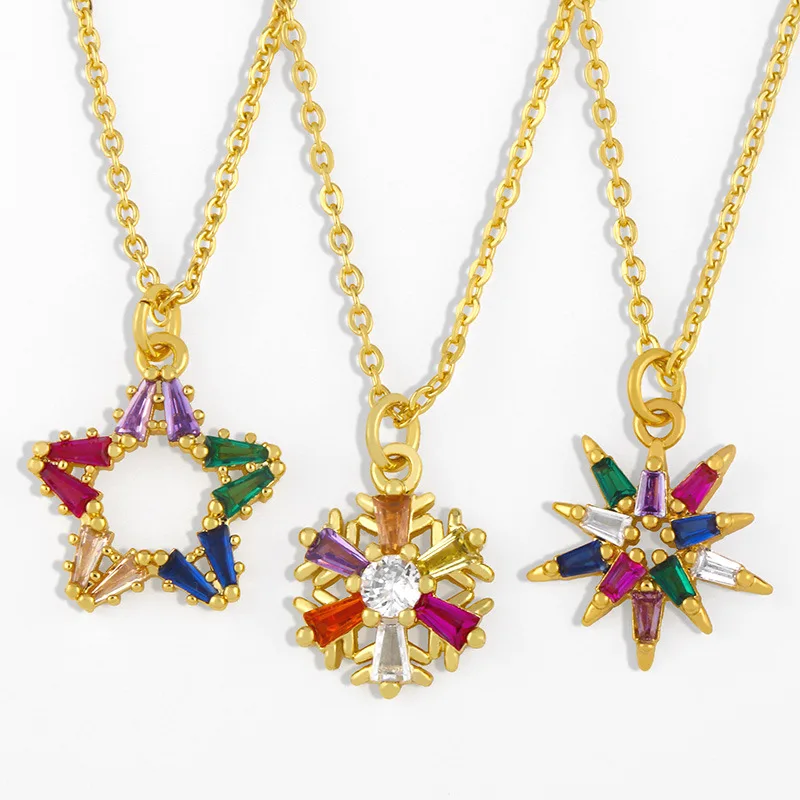 Fashion Multicolor Star Snowflake Pendant Necklace For Women Clavicle Chian CZ Zircon Statement Gold-plated Couple Jewelry Gifts