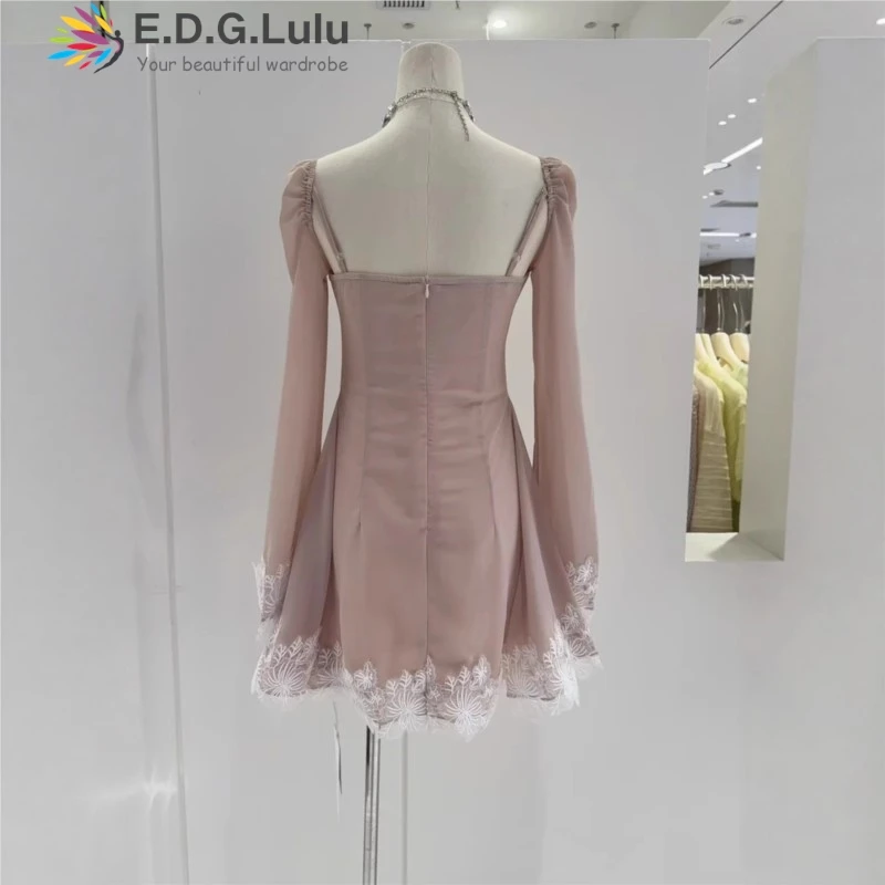 Edglulu design cetim retalhos renda mini vestido de festa mulher 2025 sem alças fora do ombro manga alargada vestido rosa 0821